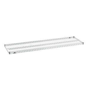 The Metro Super Erecta 2172NC Industrial Wire Shelf, Chrome, 21 x 72, features a rectangular design with a grid pattern, a sturdy frame, and two black clips at opposite corners for stability.