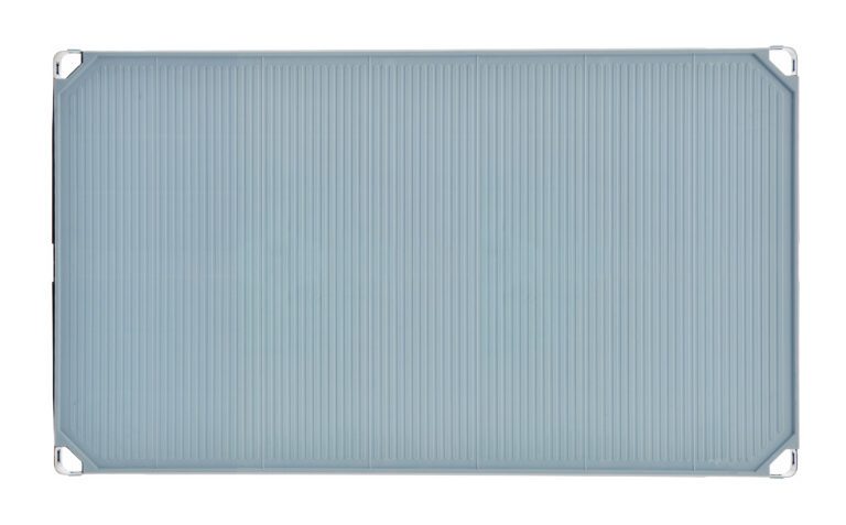 The MetroMax i MX2442F Plastic Industrial Shelf with Solid Mat, 24 x 42, features a rectangular transparent ribbed panel with rounded corners and small mounts. Against a white background, the surface displays evenly spaced vertical lines.