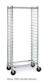 The Metro RS1 Side-Load Wire Bun Pan Rack includes 1.5 slide spacing, large casters, and grid-like side panels with evenly spaced horizontal bars for efficient storage. Note: RS3 model shown.