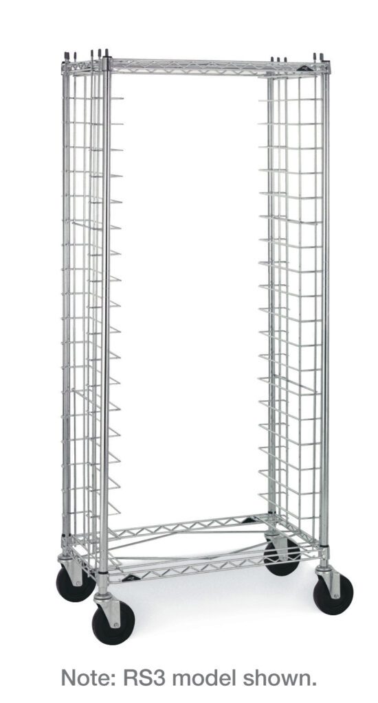 The Metro RS1 Side-Load Wire Bun Pan Rack includes 1.5 slide spacing, large casters, and grid-like side panels with evenly spaced horizontal bars for efficient storage. Note: RS3 model shown.