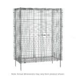 The Metro SEC56C Super Erecta Stationary Security Shelving Unit is a large, chrome metal wire cage with a double-door design and latch closure, standing on four legs. Note: Actual dimensions may vary from 27.25 x 62.5 x 66.8125.