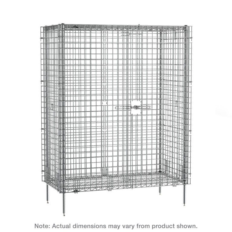 The Metro SEC56C Super Erecta Stationary Security Shelving Unit is a large, chrome metal wire cage with a double-door design and latch closure, standing on four legs. Note: Actual dimensions may vary from 27.25 x 62.5 x 66.8125.