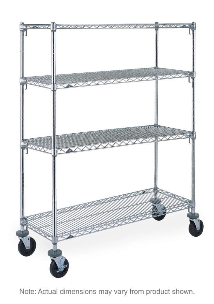 The Metro Super Adjustable Super Erecta A566EC 4-Shelf Industrial Wire Shelving Stem Caster Cart features chrome shelving with four mesh tiers, sturdy steel poles, and large caster wheels. It measures 24 x 60 x 67.875, though dimensions may slightly vary.