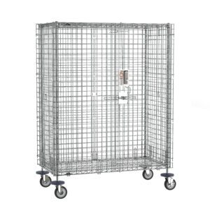 The Metro SEC55ECPL Super Erecta Mobile Security Shelving Unit with Electronic PIN Lock is chrome-finished, measures 27.25 x 52.75 x 67.9375, features four wheels, and a grid pattern, making it perfect for secure storage or transport against a plain white backdrop.