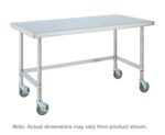 The Metro MWT305US HD Super Stainless Steel Mobile Worktable, measuring 30 x 48, features a rectangular design on four braked wheels. Its versatile for industrial or kitchen use with a bottom 3-sided frame, and dimensions may slightly vary from those shown.