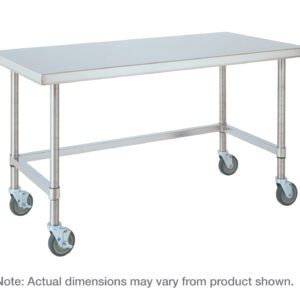 The Metro MWT305US HD Super Stainless Steel Mobile Worktable, measuring 30 x 48, features a rectangular design on four braked wheels. Its versatile for industrial or kitchen use with a bottom 3-sided frame, and dimensions may slightly vary from those shown.