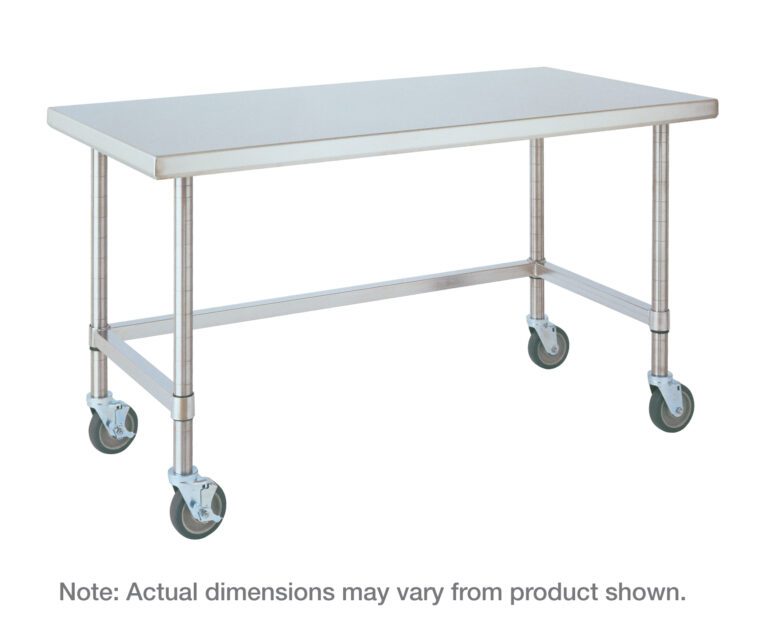 msm7x9m4wt3tzk0k6ahq4bgwlsinh8ie.jpg The Metro MWT305US HD Super Stainless Steel Mobile Worktable, measuring 30 x 48, features a rectangular design on four braked wheels. Its versatile for industrial or kitchen use with a bottom 3-sided frame, and dimensions may slightly vary from those shown.