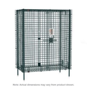 The Metro SEC53K3PL Super Erecta Stationary Security Shelving Unit includes an electronic PIN lock, a metal wire cage, and a durable Metroseal Green Epoxy finish. It stands elevated on four legs with dimensions of 27.25 x 38.5 x 66.8125. Note: Dimensions may vary from the product shown.