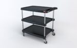 Discover the Metro MY2030-34BL myCart Series 3-Shelf Utility Cart, featuring a black finish and measuring 20 x 30. It comes with sturdy metal legs and four swivel caster wheels, combining style and maneuverability against a clean white background.