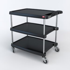Discover the Metro MY2030-34BL myCart Series 3-Shelf Utility Cart, featuring a black finish and measuring 20 x 30. It comes with sturdy metal legs and four swivel caster wheels, combining style and maneuverability against a clean white background.