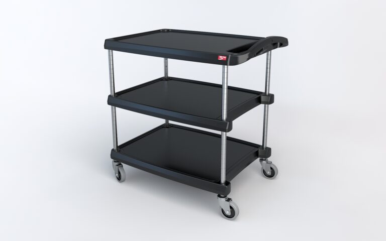Discover the Metro MY2030-34BL myCart Series 3-Shelf Utility Cart, featuring a black finish and measuring 20 x 30. It comes with sturdy metal legs and four swivel caster wheels, combining style and maneuverability against a clean white background.