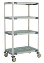 A gray MetroMax i X536EGX3 cart features perforated open grid shelves, dark gray reinforced top corners, and four casters. It measures 24 x 36 x 67.3125 and appears empty against a white background.