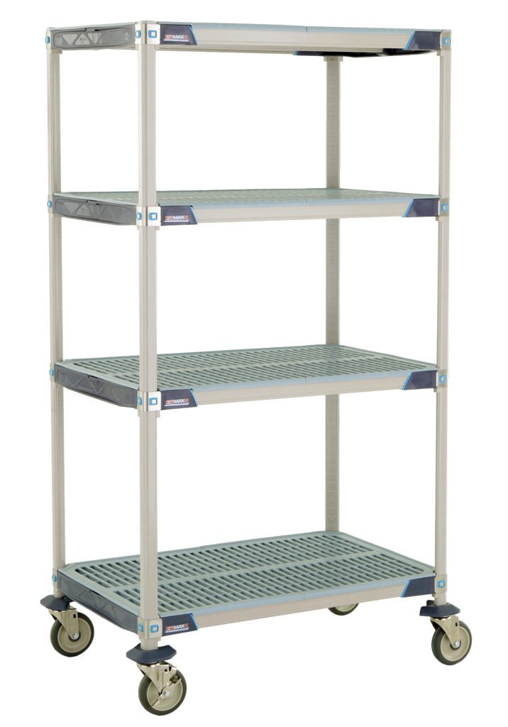 A gray MetroMax i X536EGX3 cart features perforated open grid shelves, dark gray reinforced top corners, and four casters. It measures 24 x 36 x 67.3125 and appears empty against a white background.