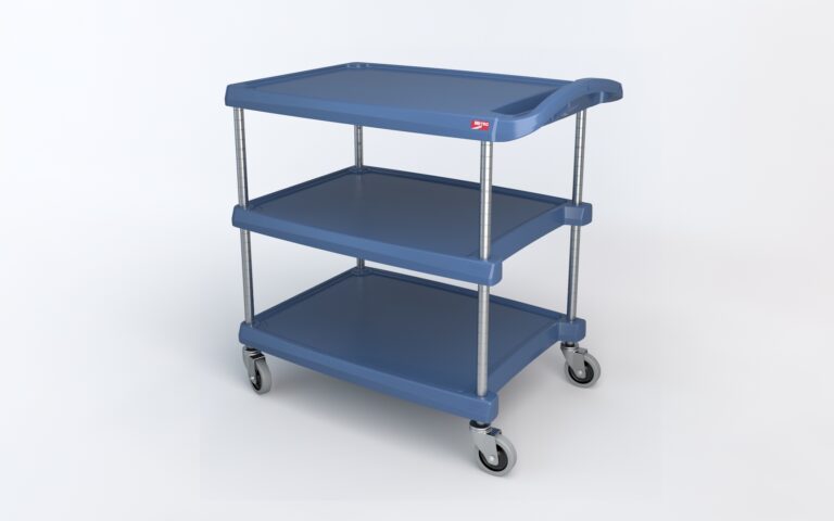 The Metro MY2030-34BU myCart Series is a blue 3-shelf utility cart, 20x30, featuring Microban protection. It has metal poles, slightly raised edges, and rolls smoothly on black wheels with silver fixtures.