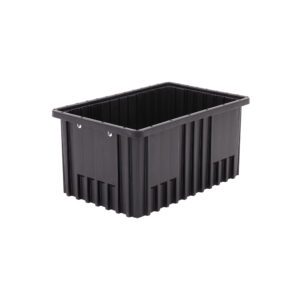 The Metro TB92080CAS Conductive Polypropylene Tote in black, measuring 16.5 x 10.875 x 8, has grooved sides, a flat bottom, reinforced corners, and metal rivets for durability. Its smooth interior is designed for efficient stacking and storage.