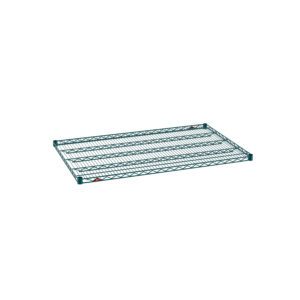 A Metro Super Erecta 3048NK3 Industrial Wire Shelf, measuring 30 x 48, is showcased against a plain white backdrop. It features a metal rod grid pattern and a stylish Metroseal Green Epoxy finish for enhanced durability.