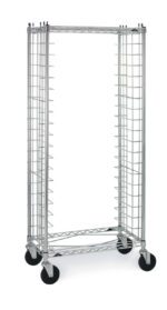 A Metro RS3 Side-Load Wire Bun Pan Rack in tall, silver design, features a grid structure with 3 slide spacing and multiple side slots for trays or shelves on four black wheels.