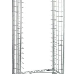 A Metro RS3 Side-Load Wire Bun Pan Rack in tall, silver design, features a grid structure with 3 slide spacing and multiple side slots for trays or shelves on four black wheels.