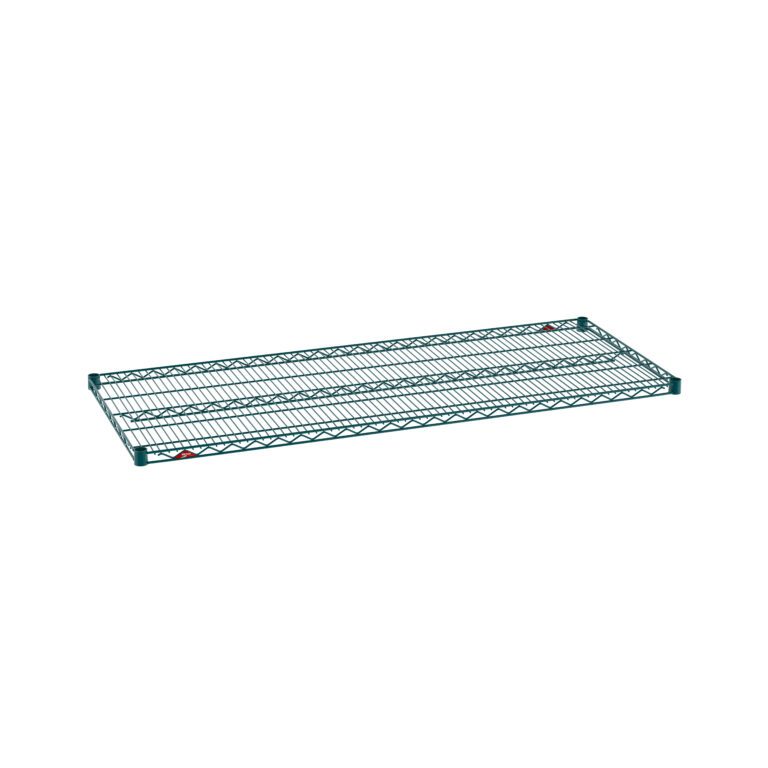 The Metro Super Erecta 2460NK3 industrial wire shelf, measuring 24 x 60, features a Metroseal green epoxy finish and red-capped corners, isolated on a white background.