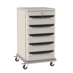 The Metro SXR40KL1 Starsys 40 Tall Undercounter Storage Cart boasts a sleek design with six pull-out drawers, an off-white finish, black handles, sturdy caster wheels, and a top drawer locking mechanism for security.
