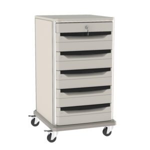 The Metro SXR40KL1 Starsys 40 Tall Undercounter Storage Cart boasts a sleek design with six pull-out drawers, an off-white finish, black handles, sturdy caster wheels, and a top drawer locking mechanism for security.