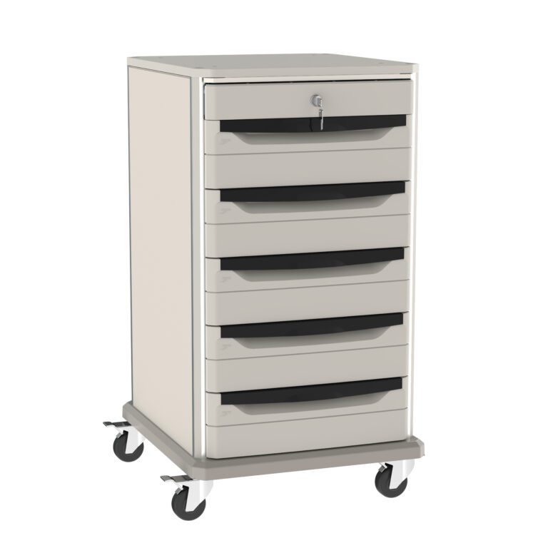 nzcdtqzgxp9r8kwfawg5rwaxue1ts0pd.jpg The Metro SXR40KL1 Starsys 40 Tall Undercounter Storage Cart boasts a sleek design with six pull-out drawers, an off-white finish, black handles, sturdy caster wheels, and a top drawer locking mechanism for security.