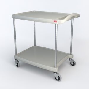 The Metro MY2030-24G myCart Series 2-Shelf Utility Cart features a gray finish with metal corner supports, measures 20 x 30, includes two shelves and four swivel wheels, and has a small red label on the top tier against a white background.