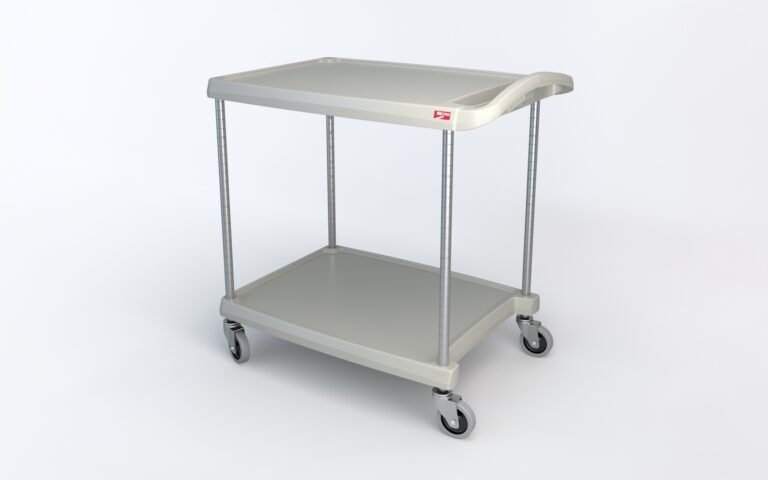 The Metro MY2030-24G myCart Series 2-Shelf Utility Cart features a gray finish with metal corner supports, measures 20 x 30, includes two shelves and four swivel wheels, and has a small red label on the top tier against a white background.