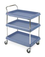 A three-tiered blue utility cart with a metal handle and four caster wheels. Each shelf has raised edges for securing items. The cart is empty and positioned against a white background.