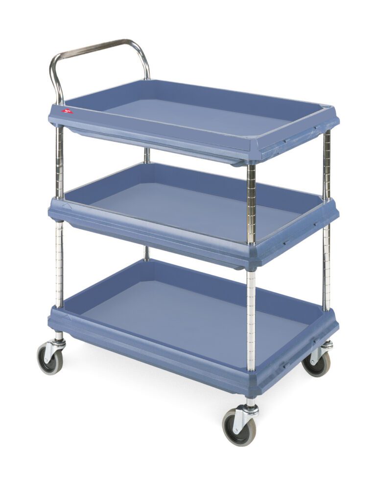 oil3z3396e5zykssnx7jsu6rcmvcjgg3.jpg A three-tiered blue utility cart with a metal handle and four caster wheels. Each shelf has raised edges for securing items. The cart is empty and positioned against a white background.