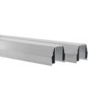 Three vertical metallic beams with a hollow rectangular cross-section, 9 tall, feature a smooth silver finish against a plain white background. They are part of the Metro TTS9NA Top-Track Overhead Track Shelving Track Set.