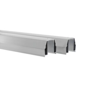 Three vertical metallic beams with a hollow rectangular cross-section, 9 tall, feature a smooth silver finish against a plain white background. They are part of the Metro TTS9NA Top-Track Overhead Track Shelving Track Set.
