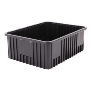 The Metro TB93080CAS Conductive Polypropylene Tote, Black, with ribbed sides and a slightly raised edge, measures 22.5 x 17.5 x 8, shown on a white background.