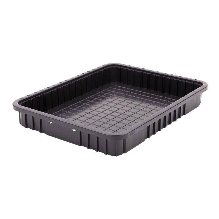 p3vs3bw1zj1e4paa4ekrwxdixc1rhf9u.jpg The Metro TB93030CAS Conductive Polypropylene Tote is a black 22.5 x 17.5 x 3 tray with a grid-patterned bottom and raised sides for secure handling.