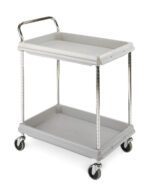 The Metro BC2636-2DG Utility Cart, 26 x 36, in gray, features raised-edge shelves and a sturdy metal handle. It rolls easily on swivel wheels, offering simple and functional mobility.