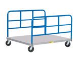 The Little Giant Pallet Dolly with Double End Racks is a blue metal platform cart with four wheels and tall side panels for securing items. Its gray platform is ideal for easily transporting heavy or bulky objects.