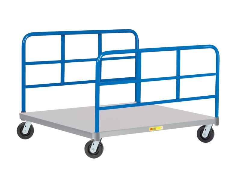 The Little Giant Pallet Dolly with Double End Racks is a blue metal platform cart with four wheels and tall side panels for securing items. Its gray platform is ideal for easily transporting heavy or bulky objects.