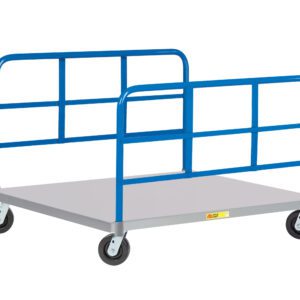 The Little Giant Pallet Dolly with Double End Racks is a blue metal platform cart with four wheels and tall side panels for securing items. Its gray platform is ideal for easily transporting heavy or bulky objects.