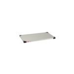 The Metro 2136FS Super Erecta Solid Shelf, a 21 x 36 standard stainless steel unit, boasts black corner protectors and a red logo on the front edge against a white background.