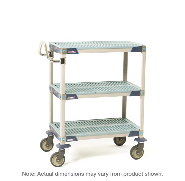 The MetroMax i MXUC2436G-35 3-Shelf Utility Cart, measuring 24 x 36 x 39.25, features a sturdy metal frame, perforated plastic shelves, four swivel casters for easy mobility, and a vertical handle for steering.