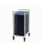 The Metro CBNTC20MSOL1 Front-Load PCB Handling Cart, featuring a 28 x 22 x 49 frame and handle for mobility, holds multiple stacked devices. It includes 20 SmartTray ESD-Safe Trays & Premium Tray Inlays.