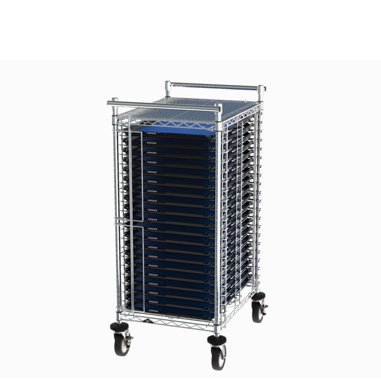 qfe6ah67lrnhh85rljy6drp6o4kia80h.jpg The Metro CBNTC20MSOL1 Front-Load PCB Handling Cart, featuring a 28 x 22 x 49 frame and handle for mobility, holds multiple stacked devices. It includes 20 SmartTray ESD-Safe Trays & Premium Tray Inlays.