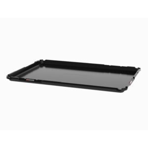 The Metro CBNTC-MTRAY SmartTray ESD features a black flat design with raised edges and angular corners on a smooth surface. Small side notches assist stacking or securing, while its durable molded fiberglass construction offers a sleek look against a plain white background for striking appeal.