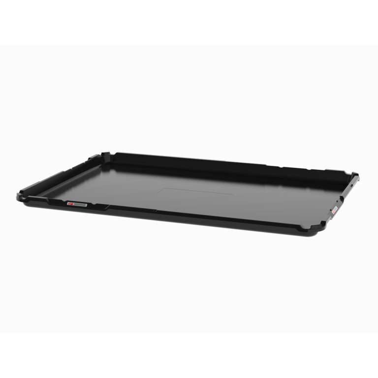 The Metro CBNTC-MTRAY SmartTray ESD features a black flat design with raised edges and angular corners on a smooth surface. Small side notches assist stacking or securing, while its durable molded fiberglass construction offers a sleek look against a plain white background for striking appeal.