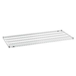 The Metro Super Erecta 3072NC Industrial Wire Shelf, Chrome, 30 x 72, showcases a sleek, minimalist grid design with horizontal support bars against a plain white backdrop.
