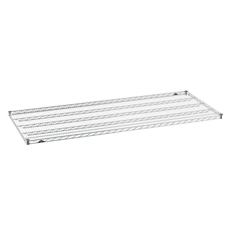 qvqe5622y6knph645ur5hh2r8cd3ueis.jpg The Metro Super Erecta 3072NC Industrial Wire Shelf, Chrome, 30 x 72, showcases a sleek, minimalist grid design with horizontal support bars against a plain white backdrop.
