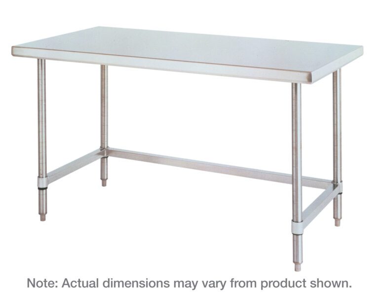 qxjen7p5osyn6bta7lat7mfvpawbp3t6.jpg The Metro WT367US HD Super Stainless Steel Worktable with Bottom 3-Sided Frame, measuring 36 x 72, features a sleek rectangular surface and cylindrical legs. Note: Actual dimensions may vary.