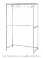 The Metro GRU2448S Stainless Steel Upright Garment Rack, measuring 24 x 48 x 74.625, includes a top shelf, bottom shelf, four support poles, and a horizontal rod with seven hangers. Actual size may vary.