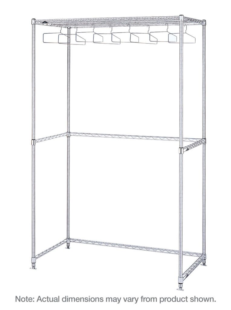 The Metro GRU2448S Stainless Steel Upright Garment Rack, measuring 24 x 48 x 74.625, includes a top shelf, bottom shelf, four support poles, and a horizontal rod with seven hangers. Actual size may vary.