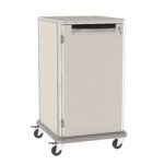 The Metro SXR40KL2 Starsys 40 Tall Key Locking Undercounter Storage Cart features a sleek, light gray metal design on wheels with a lockable door and top handle, offering security and portability. Its smooth finish contrasts elegantly against the plain white background.